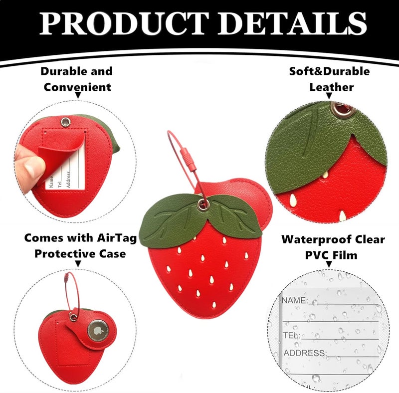 ZOUITY CuteLeather Luggage Tag Holder with Airtag Case Set,Hidden Compartment for AirTag Travel Suitcase Tracking Case with Stainless Steel Loop,Name ID Label(Strawberry) - Image 2
